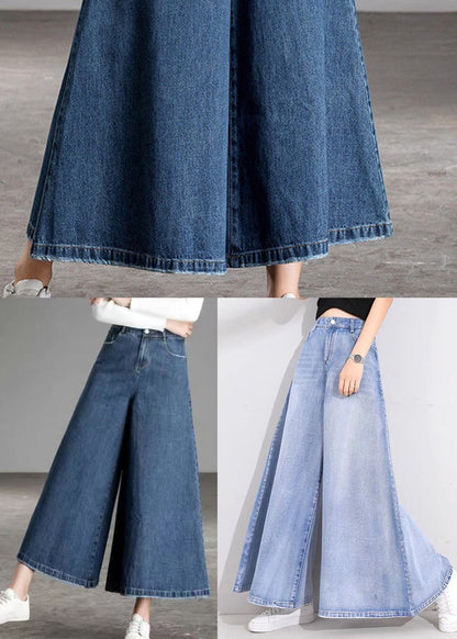 Navy Pockets Cotton Flare Pants Skirt High Waist Draping Summer