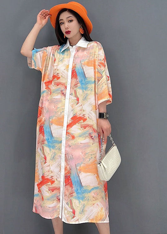 Light Khaki Peter Pan Collar Tie Dye Print Chiffon Shirt Dresses Half Sleeve