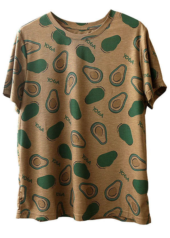 Original Design Dark Khaki O-neck Print Cotton Tank Top Short Sleeve