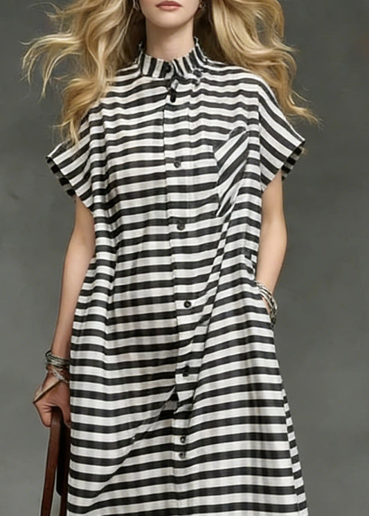 Striped Pockets Side Open Cotton Long Dresses Summer