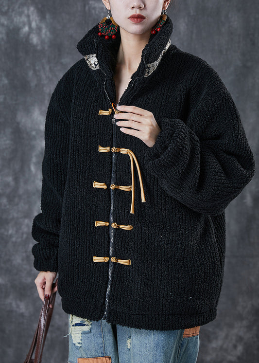Black Zip Up Patchwork Chinese Button Fine Cotton Filled Jacket Winter