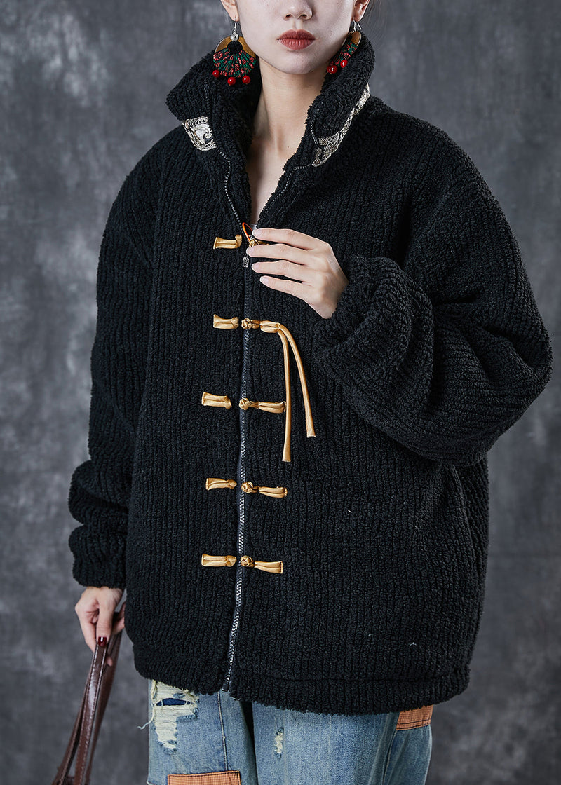 Black Zip Up Patchwork Chinese Button Fine Cotton Filled Jacket Winter