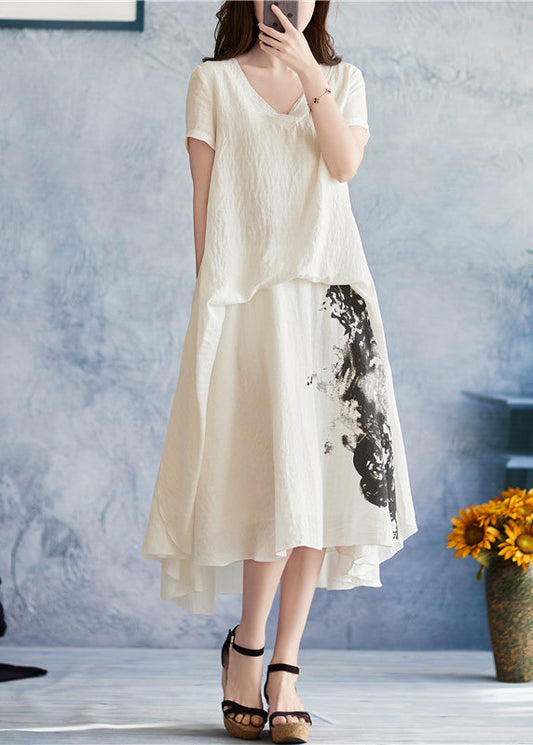 Fitted White Asymmetrical Design V Neck Print Holiday Dress Short Sleeve