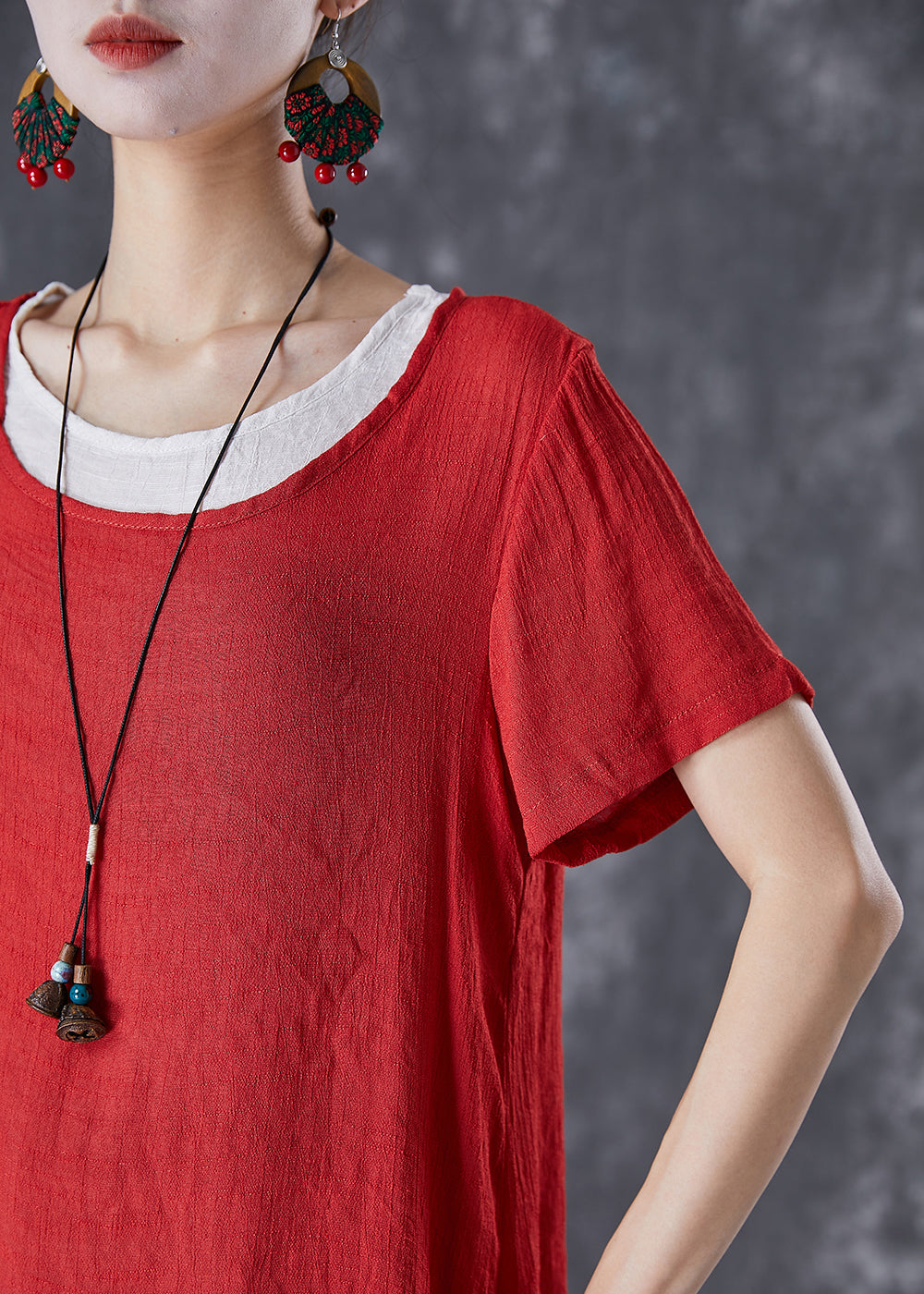 Red O-neck Asymmetrical Linen Two Pieces Set Summer
