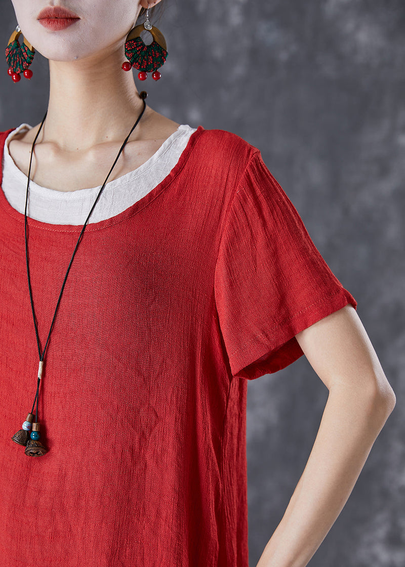 Red O-neck Asymmetrical Linen Two Pieces Set Summer