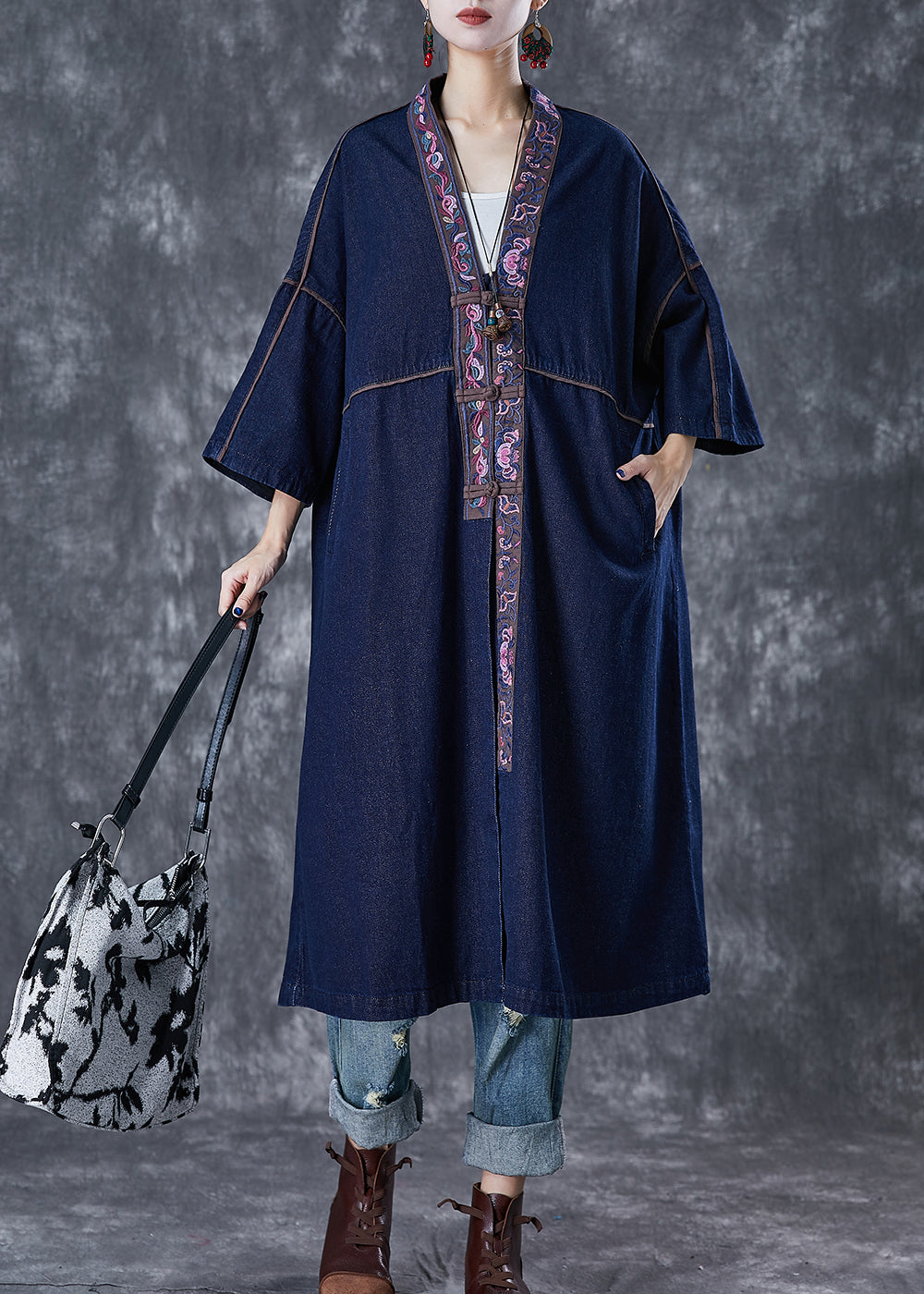 Navy Embroideried Chinese Button Denim Trench Fall