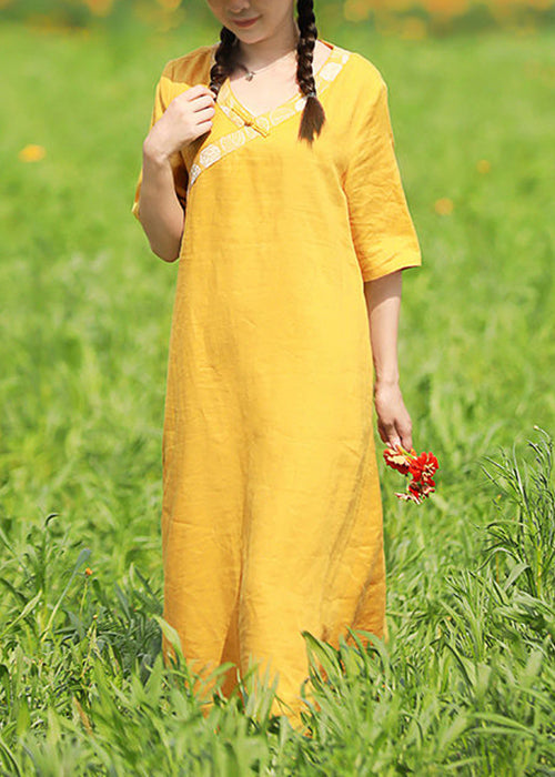 Yellow Embroideried V Neck Linen Vacation Dresses Short Sleeve