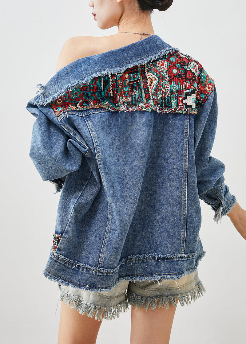 French Blue Oversized Patchwork Applique Denim Coats Spring