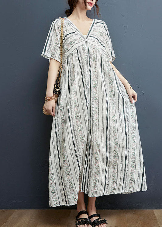 White Button V Neck Cotton Loose Dress Short Sleeve