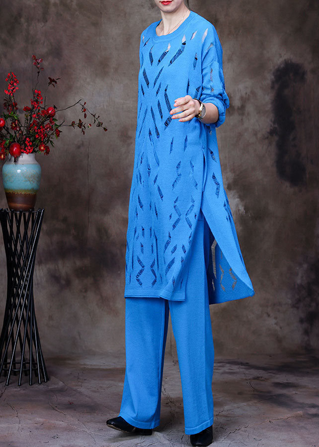 Blue O-neck Hollow Out Knit Three Pieces Set Long Sleeve