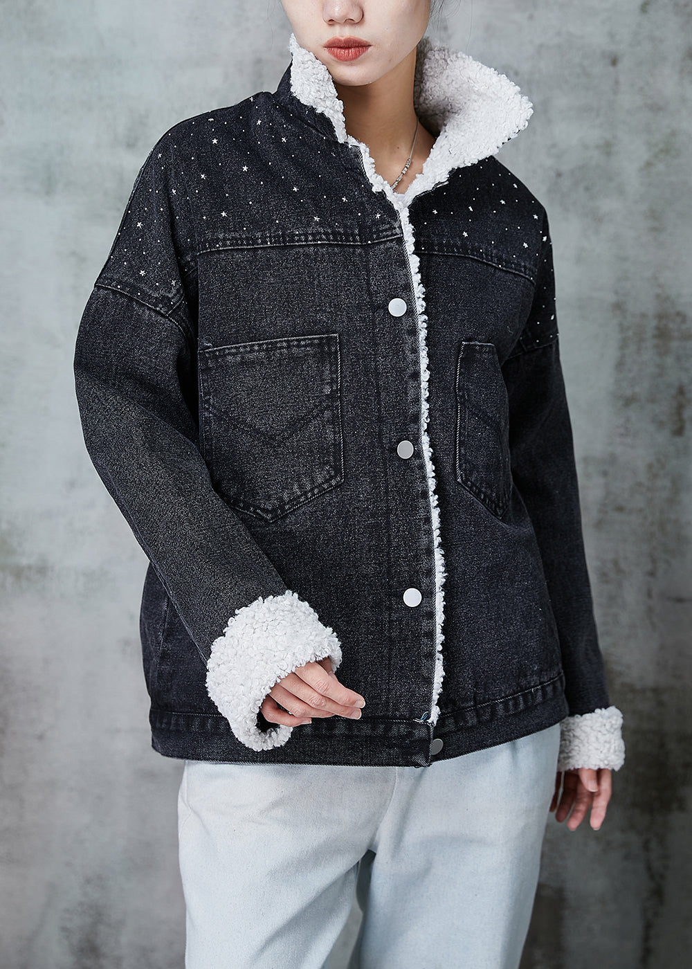 Black Peter Pan Collar Patchwork Warm Fleece Denim Jacket Winter