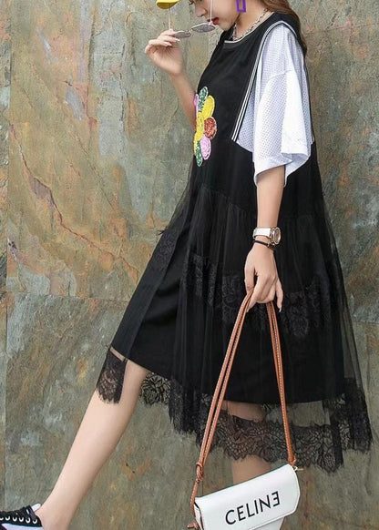Black Nail Bead Print Asymmetrical Design Patchwork Fall Mid Dress Half Sleeve