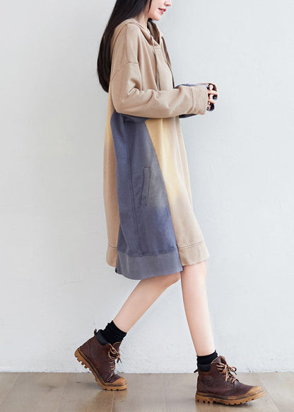 Loose Khaki Hooded Asymmetrical Pockets Patchwork Sweatshirts Dresses Spring