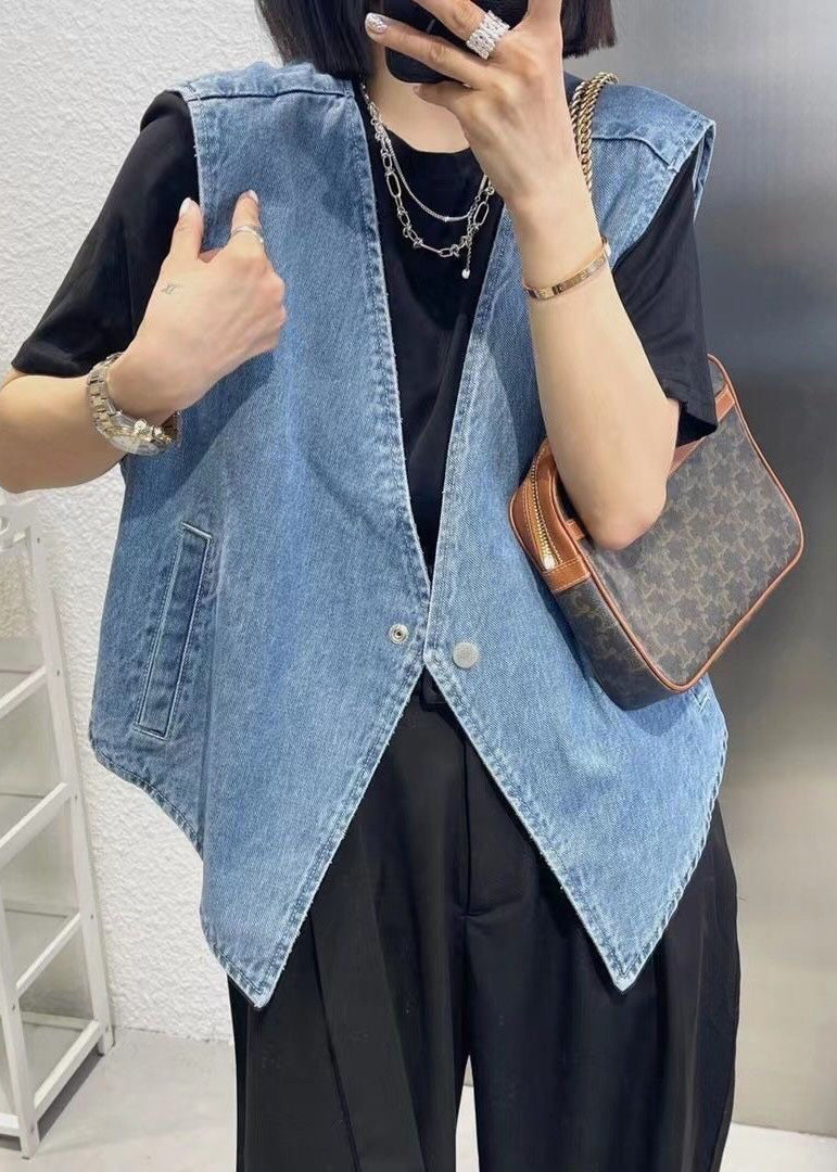 Navy Patchwork Button Denim Waistcoat Sleeveless