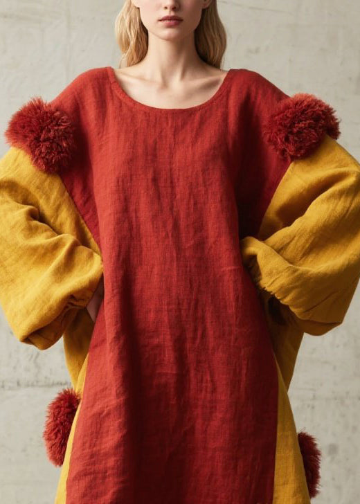 Red Patchwork Cotton Maxi Dress Oversized Fuzzy Ball Decorated Fall