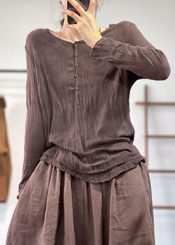 Chocolate V Neck Wrinkled Layered Cotton Shirt Top Fall