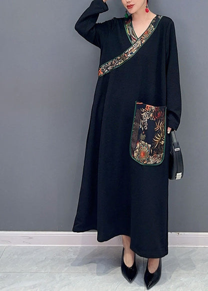 Black V Neck Print Patchwork Long Dress Fall