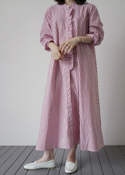 Pink Red Striped Ruffled Patchwork Cotton Shirt Dresses Spring