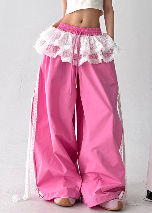 Pink Lace Patchwork Cotton Wide Leg Pants Fall