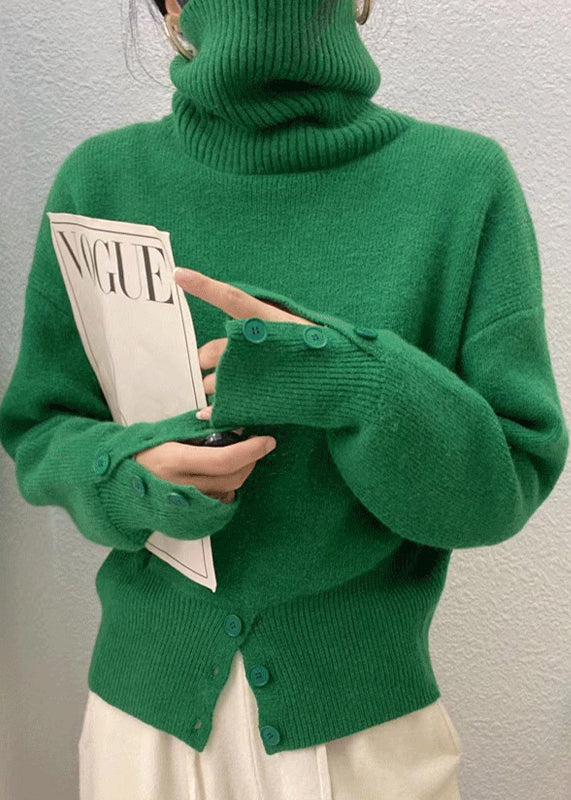 Italian Coffee Hign Neck Button Open Patchwork Knit Sweater Fall