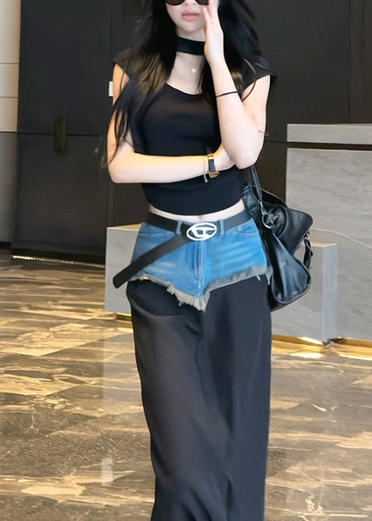 American Style Denim Patchwork Tops and Skirts Two Piece Set Summer