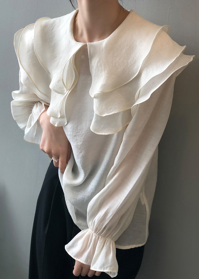 White Patchwork Thin Cotton Shirt Ruffled Long Sleeve