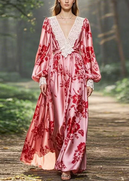 Pink V Neck Print Original Design Chiffon Long Dresses Spring