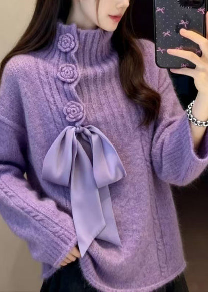 French Purple Hign Neck Knit Sweaters Winter