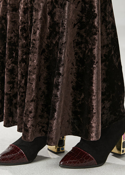 Chocolate Silm Fit Patchwork Ruffles Silk Velour Wraped Skirts Fall
