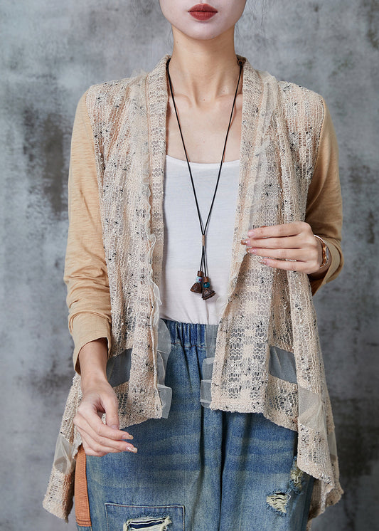 Khaki Asymmetrical Patchwork Knit Cardigans Spring