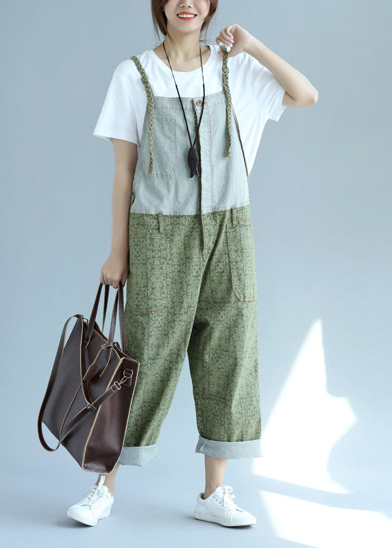 Green Pockets Patchwork Wide Leg Jumpsuit Spring