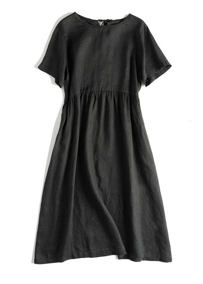 Black Tie Patchwork Linen Dresses Short Sleeve