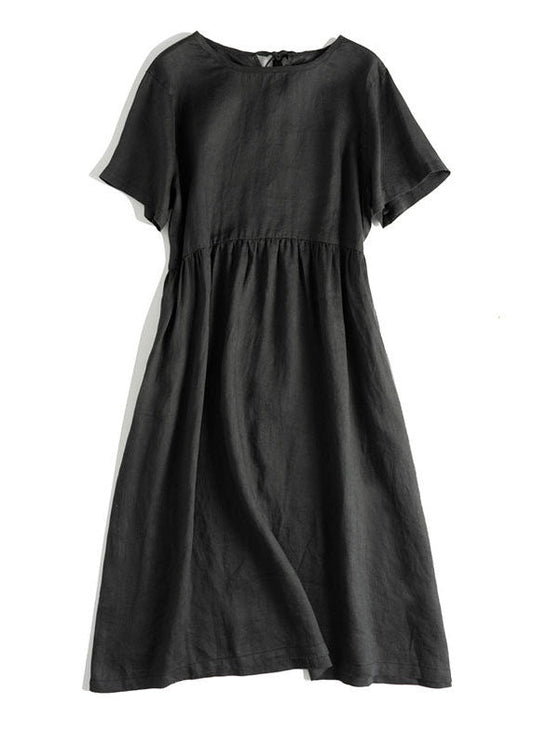 Black Tie Patchwork Linen Dresses Short Sleeve