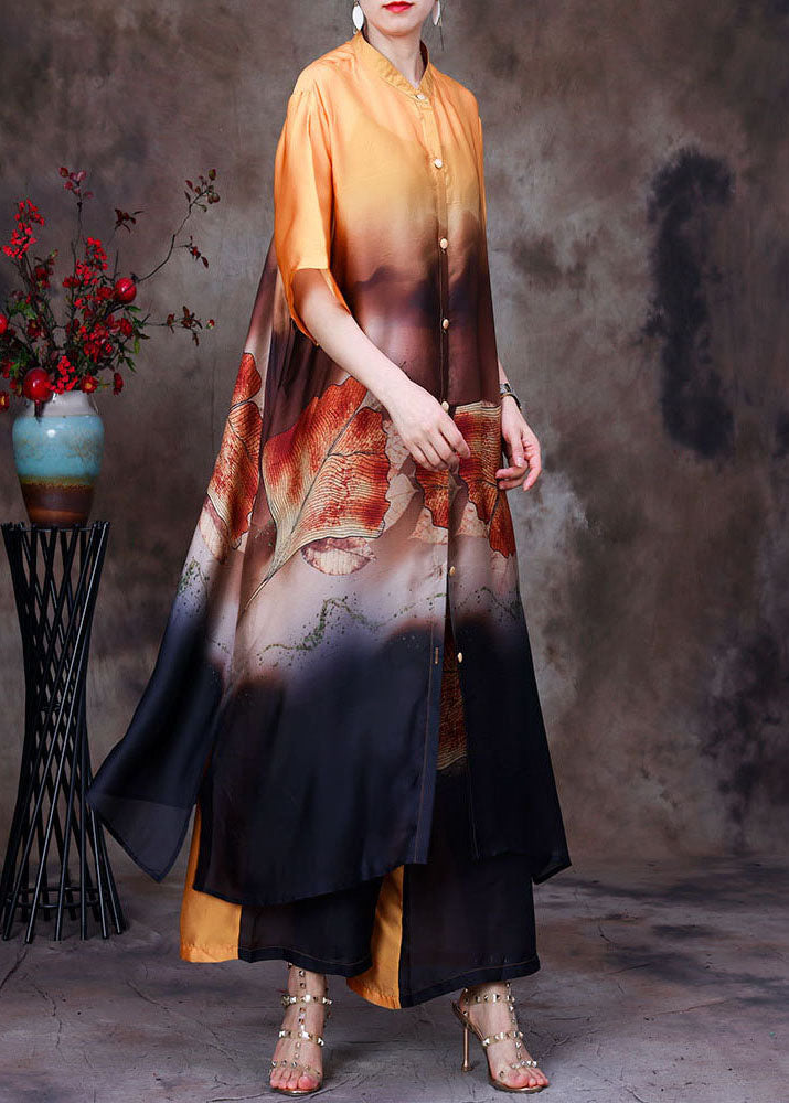French Yellow Stand Collar Print Silk Long Shirt and Wide Leg Pant Two Pieces Set Summer