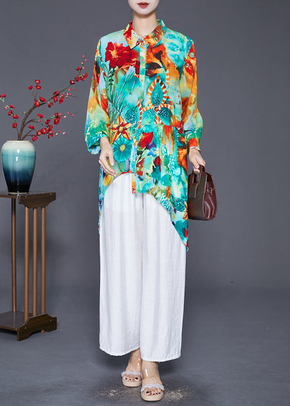 Green Asymmetrical Print Cotton Shirt Top Fall