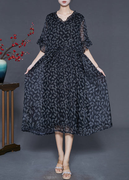 Black Cinched Print Chiffon Long Dresses Summer