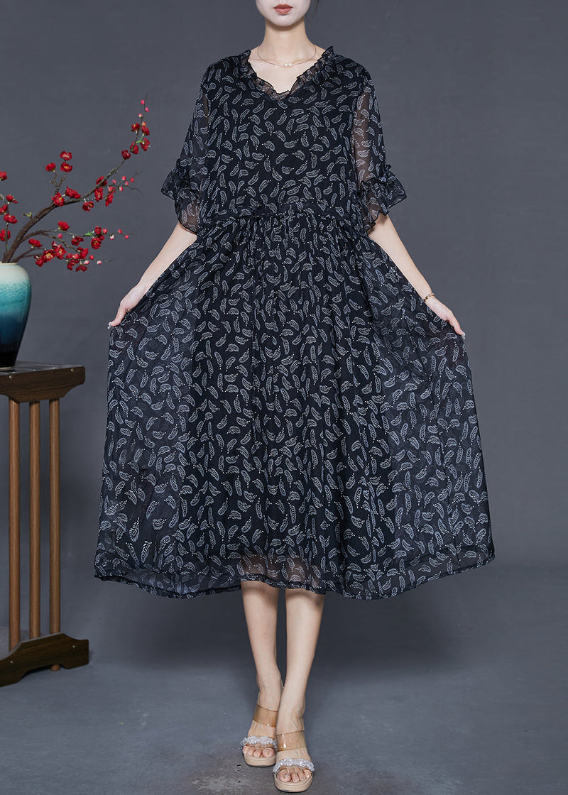 Black Cinched Print Chiffon Long Dresses Summer
