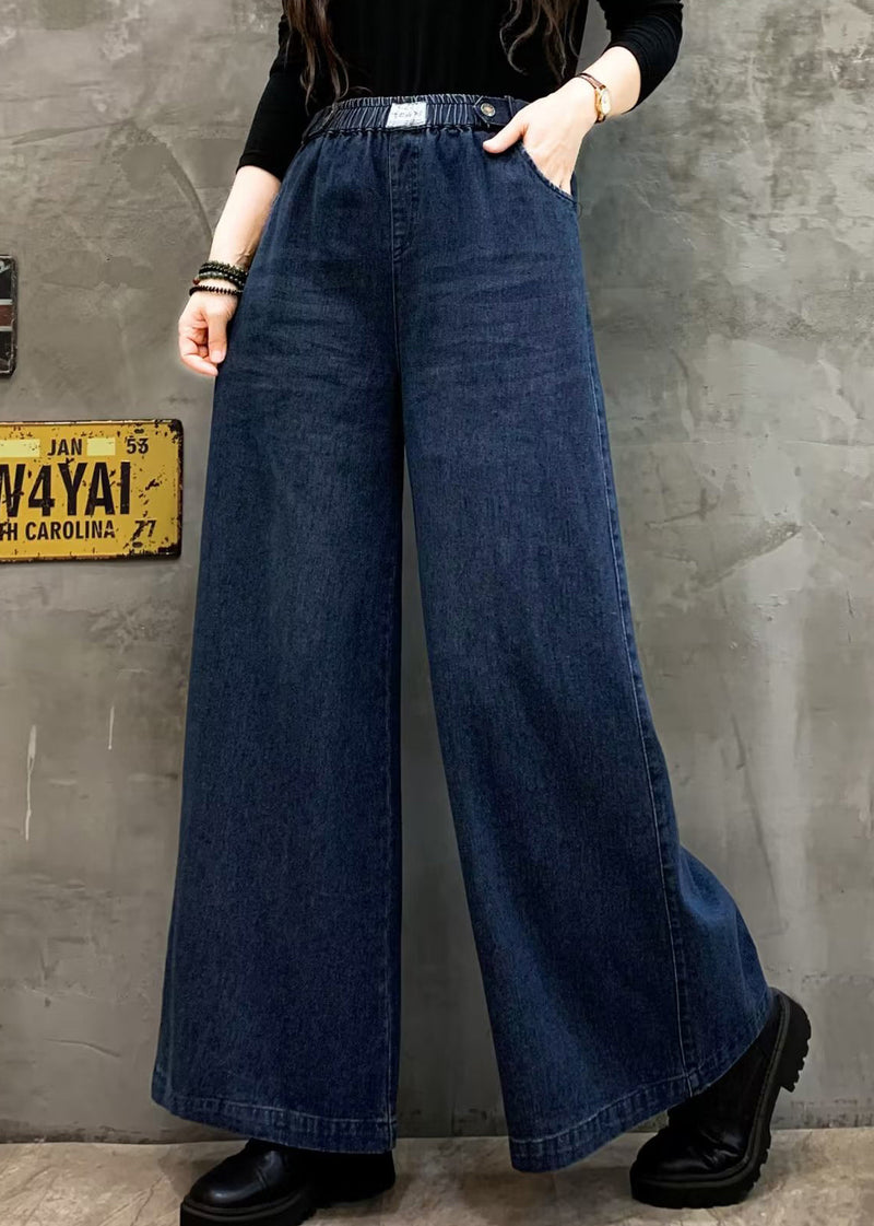 Blue Pockets Denim Wide Leg Pants Elastic Waist Fall