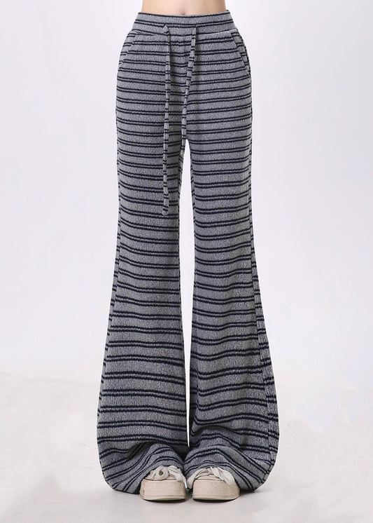 Grey Striped Cotton Bell-bottom Trousers Spring