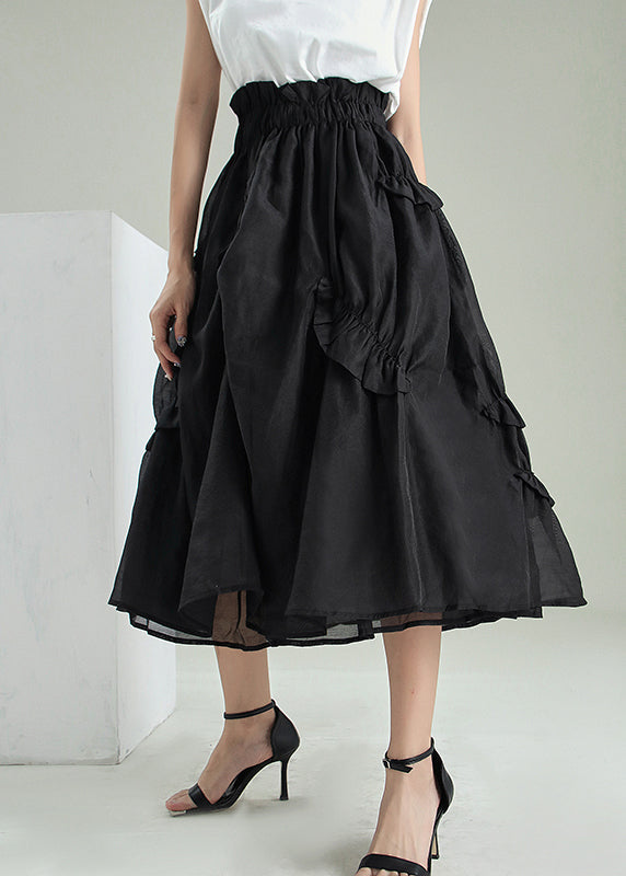 Fine Black Asymmetrical Wrinkled Tulle Skirts Spring