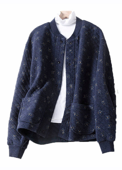 Unique Apricot O-neck Print Button Pockets Thick Cotton Coats Winter