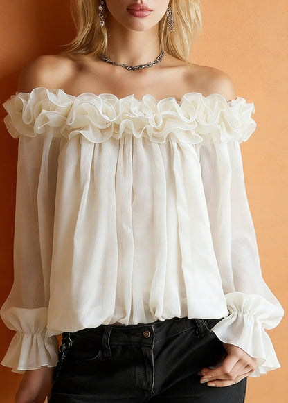 Apricot Ruffled Blouses Slash Neck Spring