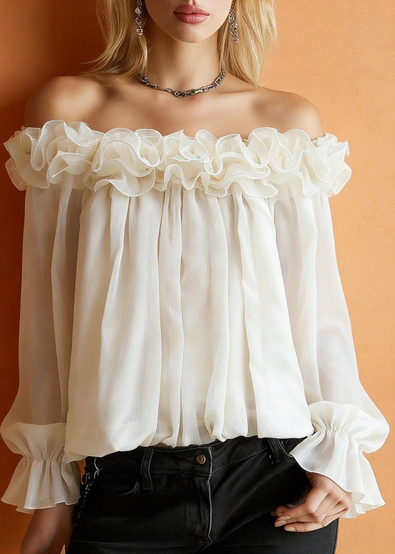 Apricot Ruffled Blouses Slash Neck Spring