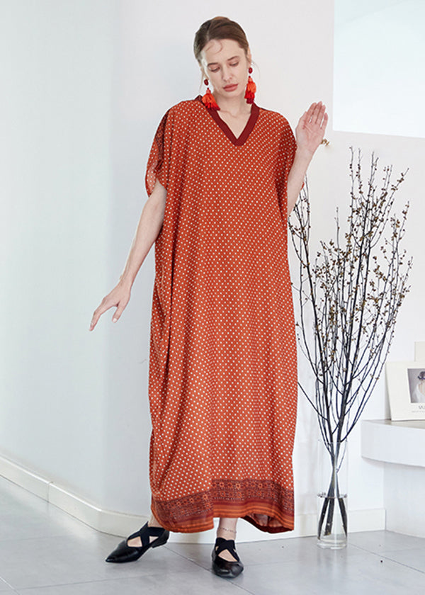 Orange V Neck Print Chiffon Vacation Robe Dresses Summer