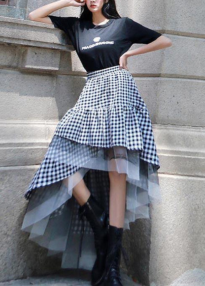 Black White Plaid Ruffles Patchwork Lace Skirt Summer