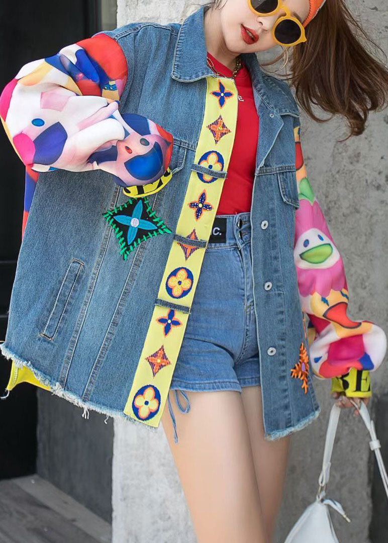Fine Blue Peterpan Collar Print Patchwork Button Fall Coat Long Sleeve