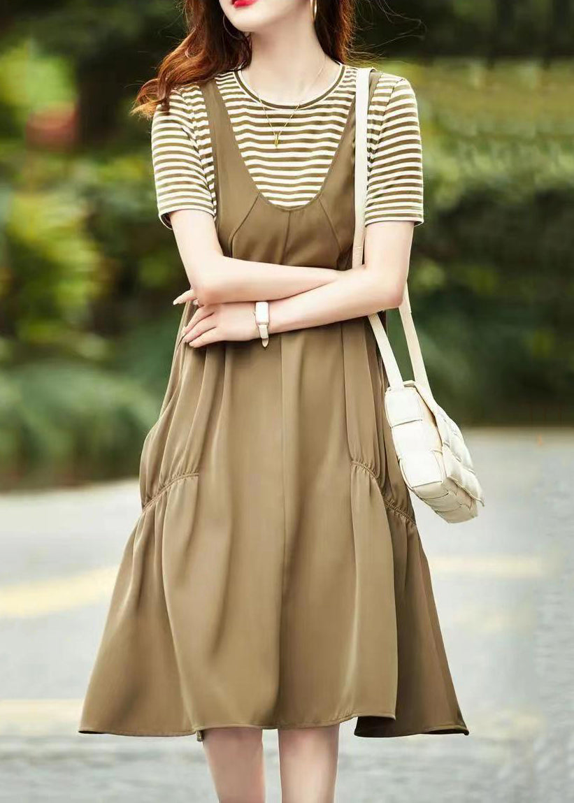 Khaki O Neck Pockets Patchwork Cotton Dresses Summer