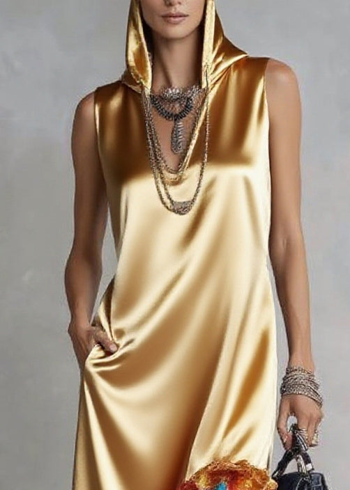 Yellow Ruffled Asymmetrical Design Silk Hooded Dress Sleeveless