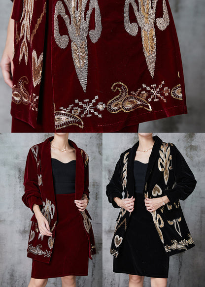 French Black Sequins Silk Velour Two Pieces Set Spring