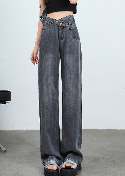 Grey Button High Waist Denim Pants Spring